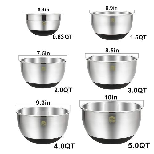  Wildone Stainless Steel Mixing Bowls, Nesting Bowls with Airtight Lids, Measurement Marks, Non Slip Silicone Bottoms, for Easy Mixing & Prepping - Set of 6