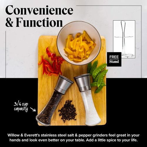  Willow & Everett Salt and Pepper Grinder Set - Stainless Steel Refillable Salt & Peppercorn Shakers