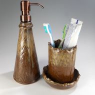 WillowTreePottery Ceramic soap pump dispenser toothbrush holder set, bathroom accessory set, liquid soap dispenser