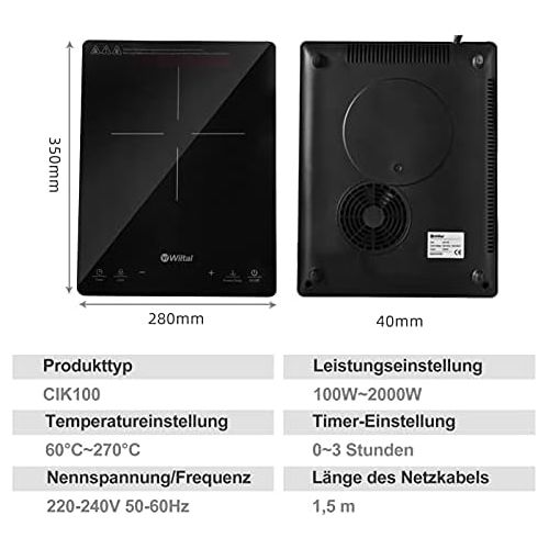  Wiltal Induction hob, Induction plate, 2000 W single Induction hob, portable hob with digital display, Induction plate, sensor touch control.