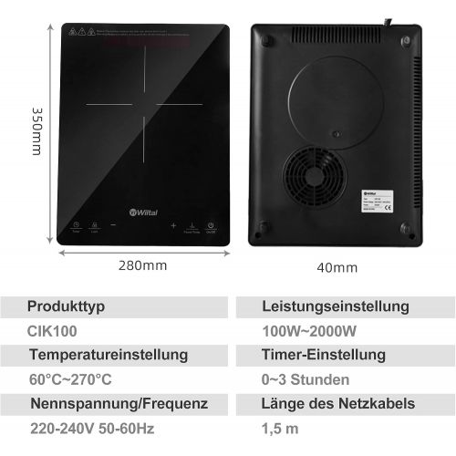  Wiltal Induction hob, Induction plate, 2000 W single Induction hob, portable hob with digital display, Induction plate, sensor touch control.