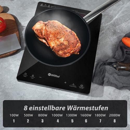  Wiltal Induction hob, Induction plate, 2000 W single Induction hob, portable hob with digital display, Induction plate, sensor touch control.