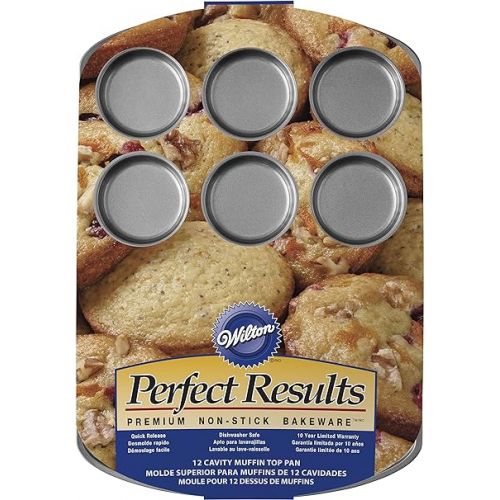  Wilton Perfect Results Premium Non-Stick Bakeware Muffin Top Pan - The Shallow Baking Cups Make Perfect Muffin Tops, Drop Cookies or Whoopie Pie Shells, 12-Cavity, Steel