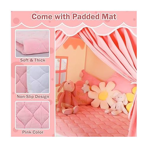  Wilwolfer Kid Tent with Mat, Star Lights - Kids Play Tents for Toddlers Kids Tents Indoor Playhouse - Princess Tent for Girls Toy House Gift (Pink with Cloth)