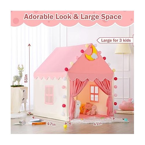  Wilwolfer Kid Tent with Mat, Star Lights - Kids Play Tents for Toddlers Kids Tents Indoor Playhouse - Princess Tent for Girls Toy House Gift (Pink with Cloth)