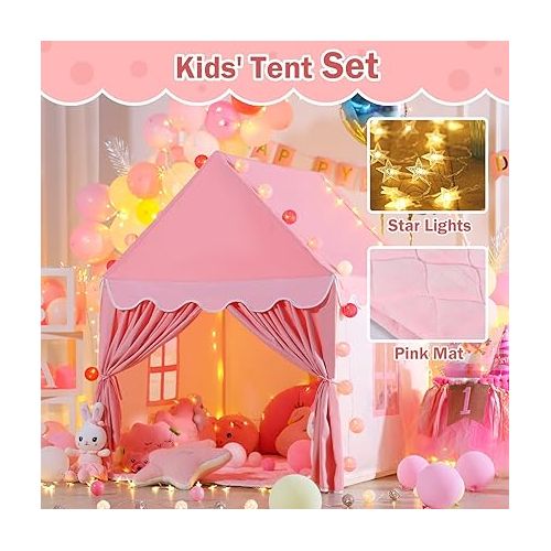  Wilwolfer Kid Tent with Mat, Star Lights - Kids Play Tents for Toddlers Kids Tents Indoor Playhouse - Princess Tent for Girls Toy House Gift (Pink with Cloth)