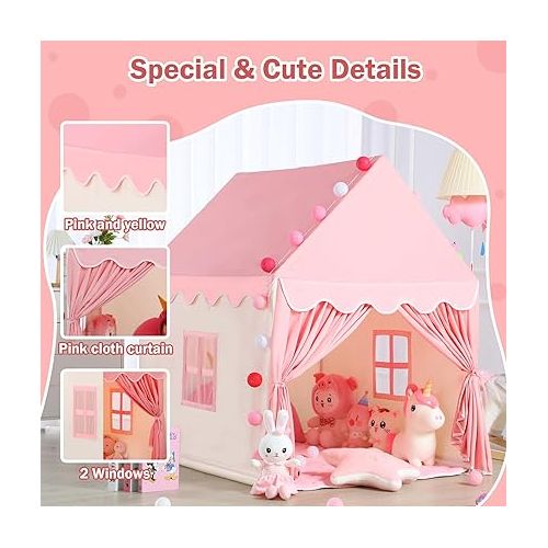  Wilwolfer Kid Tent with Mat, Star Lights - Kids Play Tents for Toddlers Kids Tents Indoor Playhouse - Princess Tent for Girls Toy House Gift (Pink with Cloth)