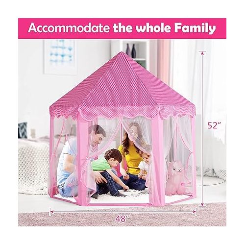  wilwolfer Princess Castle Play Tent for Girls Large Kids Play Tents Hexagon Playhouse with Star Lights Toys for Children Indoor Games (Pink)