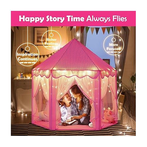  wilwolfer Princess Castle Play Tent for Girls Large Kids Play Tents Hexagon Playhouse with Star Lights Toys for Children Indoor Games (Pink)