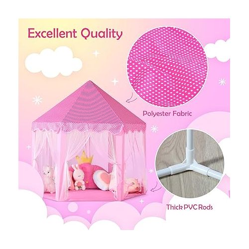  wilwolfer Princess Castle Play Tent for Girls Large Kids Play Tents Hexagon Playhouse with Star Lights Toys for Children Indoor Games (Pink)