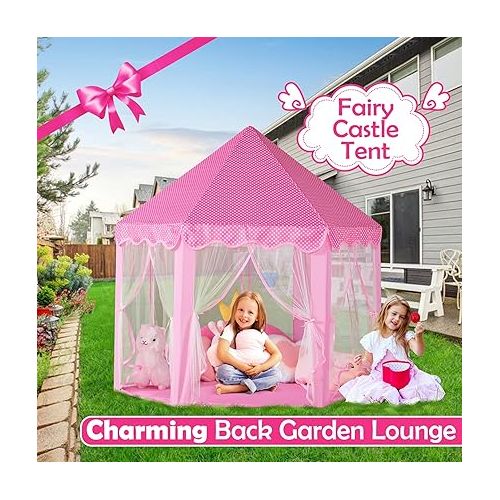  wilwolfer Princess Castle Play Tent for Girls Large Kids Play Tents Hexagon Playhouse with Star Lights Toys for Children Indoor Games (Pink)