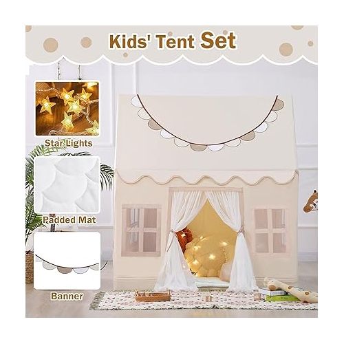  Wilwolfer Play Tent for Kids Indoor: with Mat, Star Lights, Banners - Kids Play Tent Indoor Toddlers Play Tent Large Toddler Tent for Kids Toy House Gift for Boys & Girls