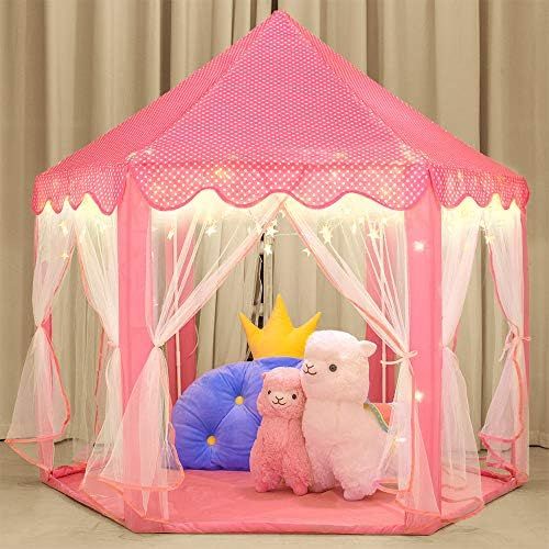  [아마존베스트]Wilwolfer wilwolfer Princess Castle Play Tent for Girls Large Kids Play Tents Hexagon Playhouse with Star Lights Toys for Children Indoor Games (Pink)