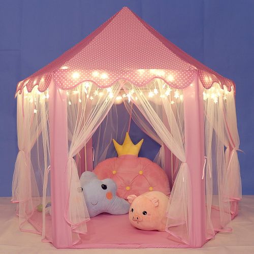  [아마존베스트]Wilwolfer Princess Castle Play Tent Large Kids Play House with Star Lights Girls Pink Play Tents Toy for Indoor & Outdoor Games