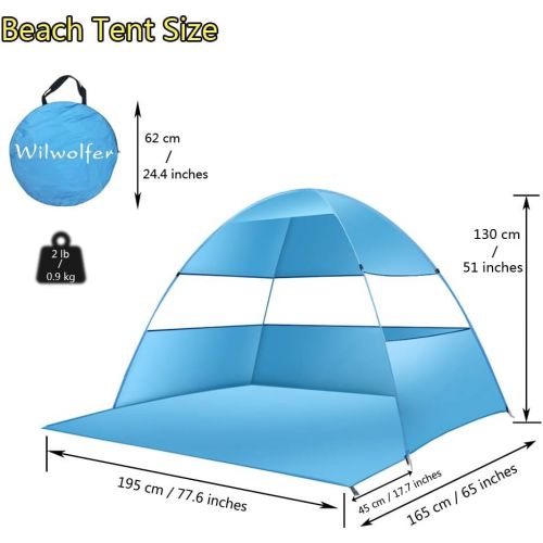  wilwolfer Beach Tent Pop Up Sun Shelter Plus Cabana Automatic Canopy Shade Portable UV Protection Easy Setup Windproof Stable with Carry Bag for Outdoor 3 or 4 Person (Blue)