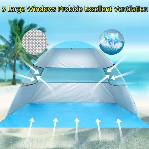  wilwolfer Beach Tent Pop Up Sun Shelter Plus Cabana Automatic Canopy Shade Portable UV Protection Easy Setup Windproof Stable with Carry Bag for Outdoor 3 or 4 Person (Blue)