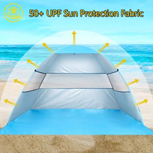  wilwolfer Beach Tent Pop Up Sun Shelter Plus Cabana Automatic Canopy Shade Portable UV Protection Easy Setup Windproof Stable with Carry Bag for Outdoor 3 or 4 Person (Blue)