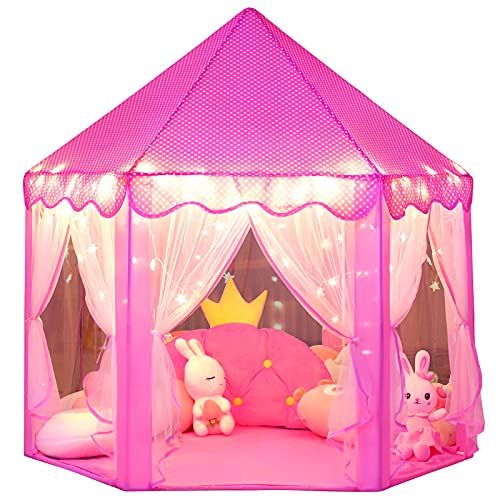  [아마존베스트]Wilwolfer Princess Castle Play Tent for Girls Large Kids Play Tents Hexagon Playhouse with Star Lights Toys for Children Indoor Games (Pink)