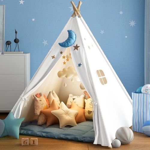  [아마존베스트]Wilwolfer Teepee Tent for Kids Foldable Children Play Tents for Girl and Boy with Carry Case Canvas Playhouse Toys for Girls or Child Indoor and Outdoor (White)