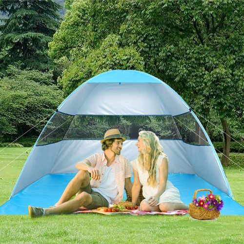  Wilwolfer Beach Tent Pop Up Sun Shelter Plus Cabana Automatic Canopy Shade Portable UV Protection Easy Setup Windproof Stable with Carry Bag for Outdoor 3 or 4 Person (Blue)
