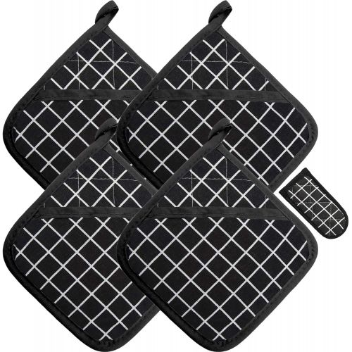  [아마존베스트]Win Change Heat Resistant Potholders Hot Pads-4 Kitchen Pot Holders Set with 1 Pan Hot Handle Holders Trivet for Cooking and Baking,with Recycled Cotton Infill Terrycloth Lining (B