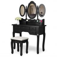 Windaze Vanity Set Makeup Table Dressing Table Tri Folding Mirror with 7 Drawers & Cushioned Stool,Black