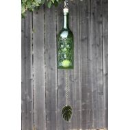 /Owl Locket Wine Bottle Windchime - Chime Repurposed Windcatcher Bottle Etching Rememberance Wedding Shower Outdoor Decor