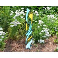 WindsongGlassStudio Stained Glass Garden Ornament, Blue and Yellow Yard Art, Rise & Shine