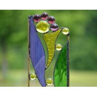 WindsongGlassStudio Stained Glass Garden Art, Purple and Yellow Abstract Wildflowers - Fanciful Flowers