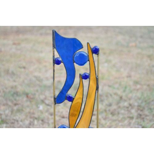  WindsongGlassStudio Stained Glass Garden Decoration. Yard Art in Blue and Amber. Rushes Along the Banks