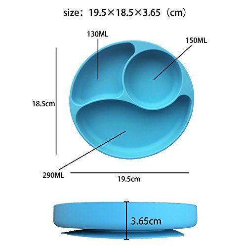  Windy Winly New Silicone Divided Toddler Plates - 3 parts - Easy to Clean - Spill Proof Suction Plate for Baby, Kids, Children, Toddlers(Blue)