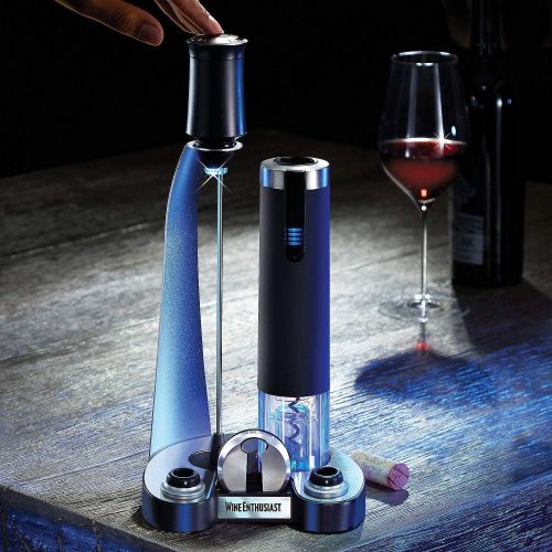  Wine Enthusiast Electric Blue Pro All-In-One Automatic Wine Opener, Preserver & Electric Aerator 6-Piece Set