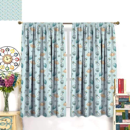  WinfreyDecor Baby Customized Curtains Infant Head with Balloons Pacifiers and Milk Bottles Newborn InspiredBlackout curtainBaby Blue Turquoise Tan. W63 x L72