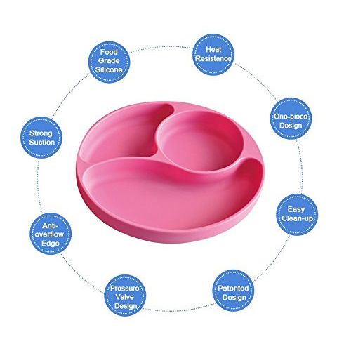  Winly New Silicone Divided Toddler Plates 3 Parts - Easy to Clean - Spill Proof Suction Plate for Baby, Kids, Children, Toddlers(Pink)