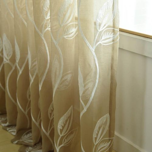  Childplaymate Window Screening Curtain Embroidery Leaves Tulle Sheer for Bedroom(Gold)