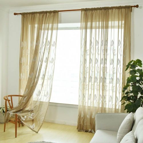  Childplaymate Window Screening Curtain Embroidery Leaves Tulle Sheer for Bedroom(Gold)