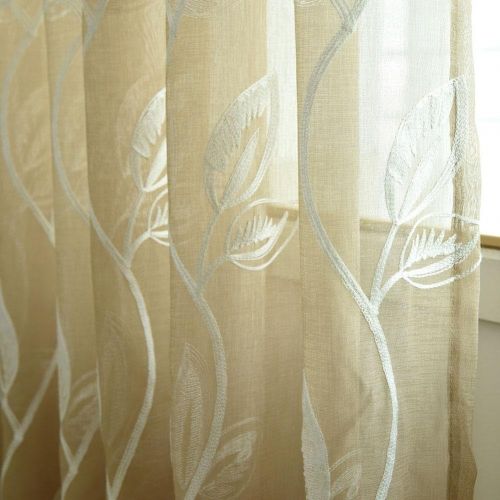  Childplaymate Window Screening Curtain Embroidery Leaves Tulle Sheer for Bedroom(Gold)