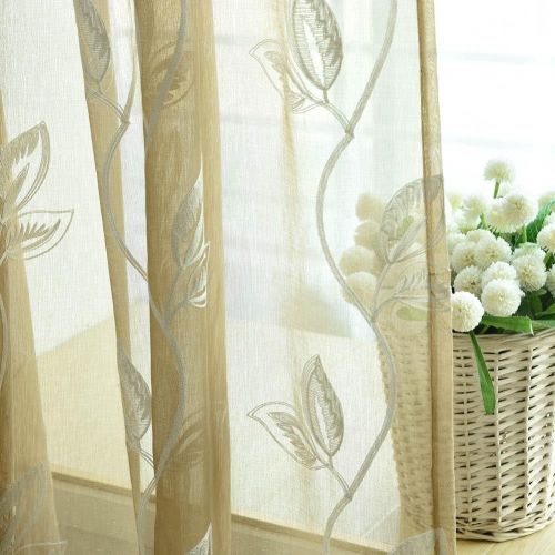  Childplaymate Window Screening Curtain Embroidery Leaves Tulle Sheer for Bedroom(Gold)