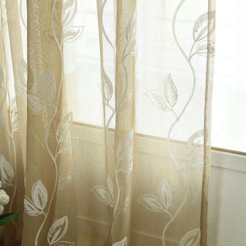  Childplaymate Window Screening Curtain Embroidery Leaves Tulle Sheer for Bedroom(Gold)