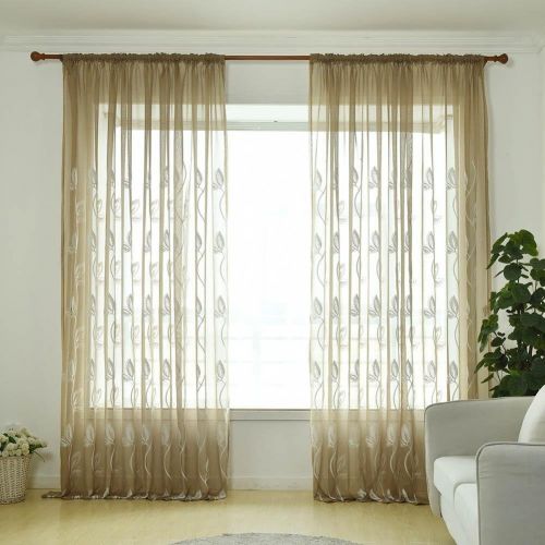  Childplaymate Window Screening Curtain Embroidery Leaves Tulle Sheer for Bedroom(Gold)