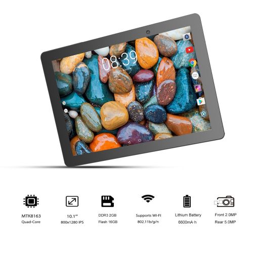  10.1 Inch Android WiFi Tablet  Winnovo VTab 2GB RAM+16GB Storage Quad Core Android 6.0 1280x800 HD IPS Touchscreen 2MP+5MP Dual Camera 6000mAh GPS Bluetooth Google Certified YouTu