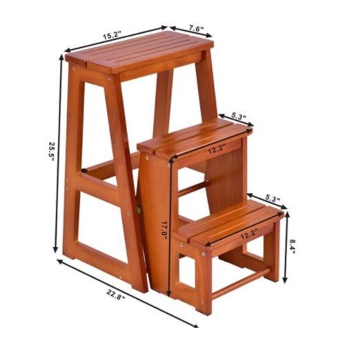  Winsome Costway Wood Step Stool Folding 3 Tier Ladder Chair Bench Seat Utility Multi-functional, Sturdy and Durable, Lightweight, Transportable, Ideal for Use in Kitchen, Office, Bathroom