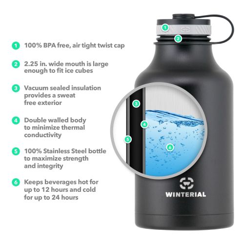  Winterial 64 oz Insulated Steel Water Bottle and Beer Growler. Double Walled Thermos Flask