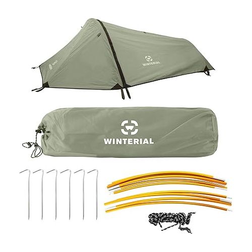  Winterial Single Person Personal Bivy Tent - Lightweight One Person Tent with Rainfly, 2lbs 9oz, Stakes, Poles and Guylines Included, Backpacking and Hiking Bivy Tent (Olive Green & Orange)