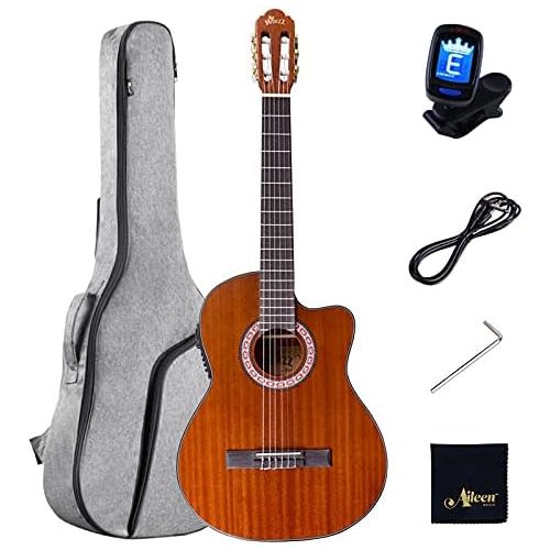  [아마존베스트]Winzz Standard size electric classical guitar stitches nylon with built-in 4 band EQ (equalizer), 39 inch cutaway guitar kit with bag, tuner, cable, wrench and polishing cloth.