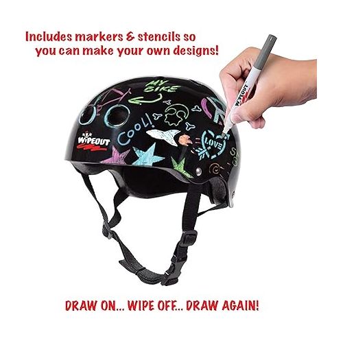  Wipeout Dry Erase Kids Helmet for Bike, Skate, and Scooter, Black, Ages 8+