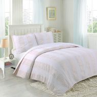 Wireless Cozy Line Home Fashions Diana Light Peach White Bold Striped Star Pattern Printed 100% Cotton Quilt Bedding Set, Reversible Coverlet Bedspread Set (Peach Stripe, Twin - 2 Piece)