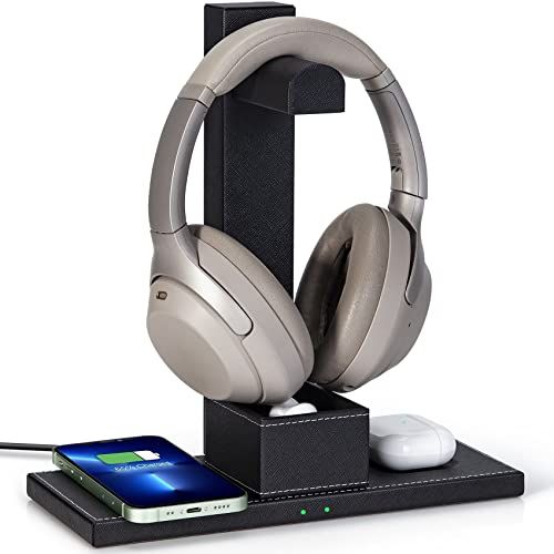  Wireless future charger Headset Stand with Wireless Charger, Desktop Gaming Headset Holder Hanger with 2-in-1 Wireless Charging Pad and USB Port -Suitable for Gamer Desktop Table Game Earphone Accessories