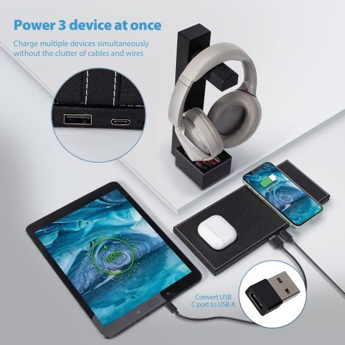  Wireless future charger Headset Stand with Wireless Charger, Desktop Gaming Headset Holder Hanger with 2-in-1 Wireless Charging Pad and USB Port -Suitable for Gamer Desktop Table Game Earphone Accessories