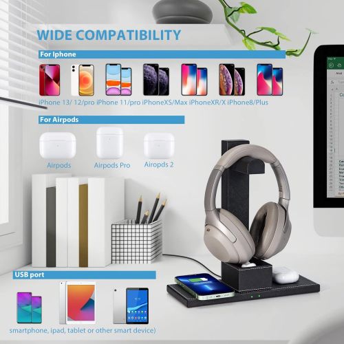  Wireless future charger Headset Stand with Wireless Charger, Desktop Gaming Headset Holder Hanger with 2-in-1 Wireless Charging Pad and USB Port -Suitable for Gamer Desktop Table Game Earphone Accessories